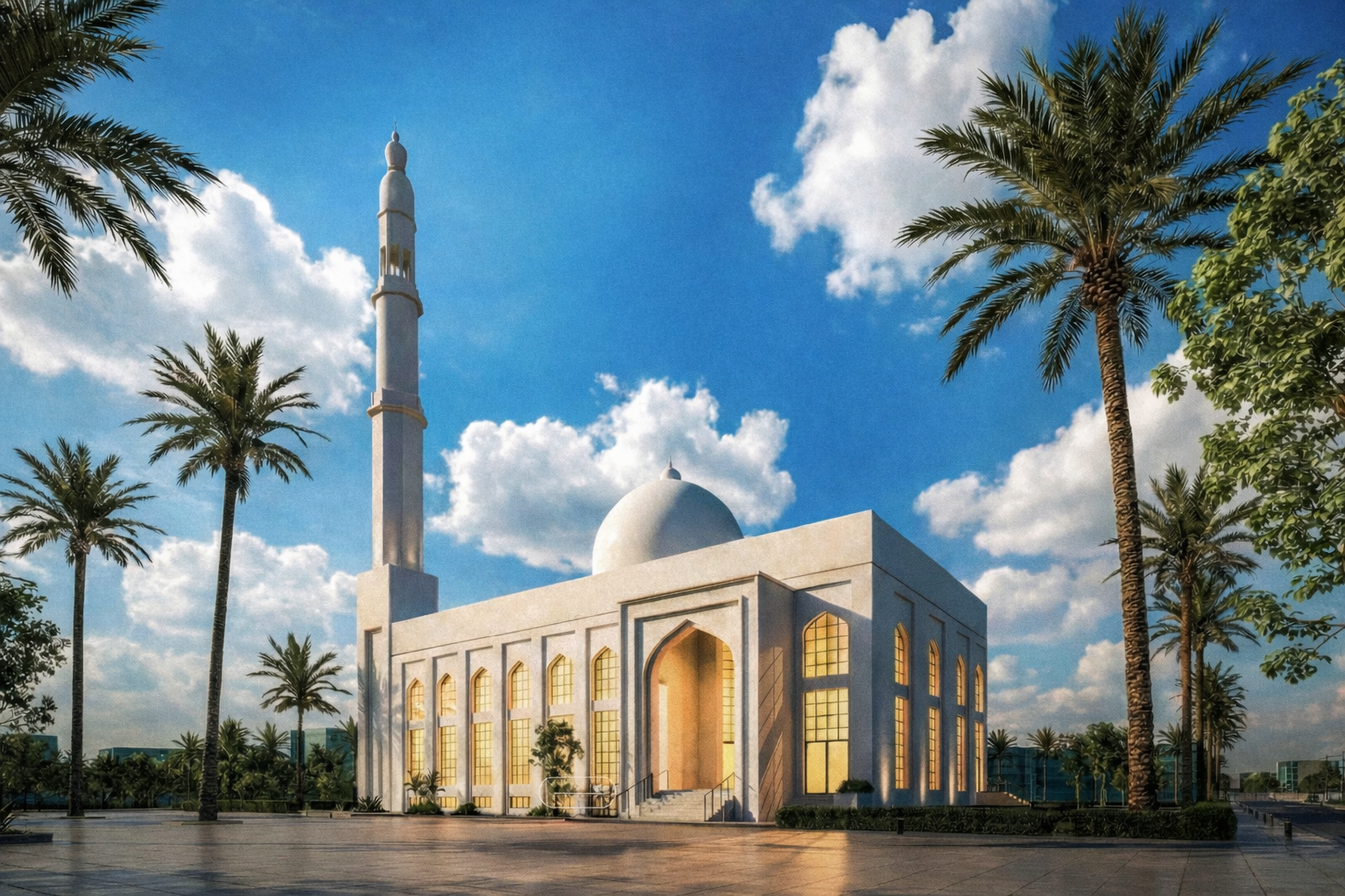 Beautiful mosque architecture with warm lighting